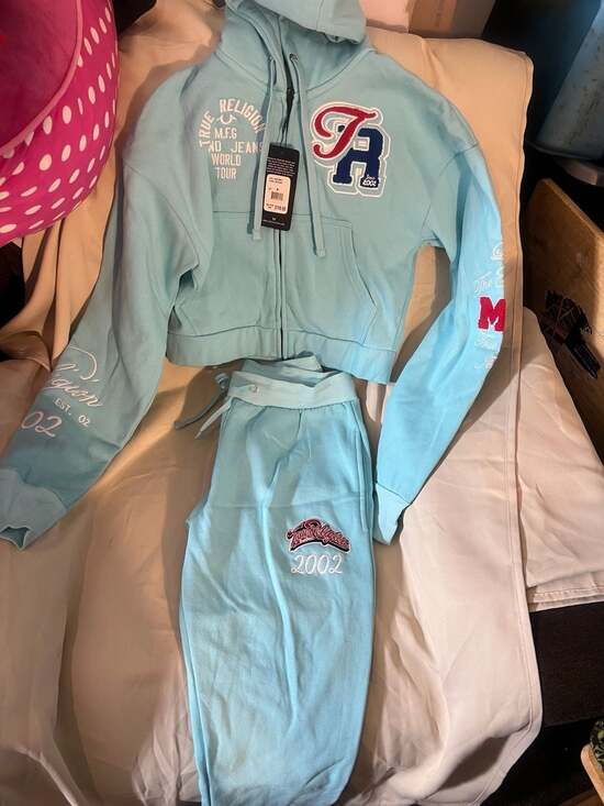 True Religion Pants - NWT True Religion Light Blue Collegiate 2002 Fleece Tracksuit Set Hoodie Medium